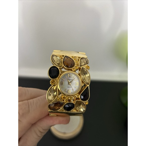 Geneva Gold Tone Crystal Cuff Bracelet Watch Women Quartz Japan Movt - Picture 2 of 10